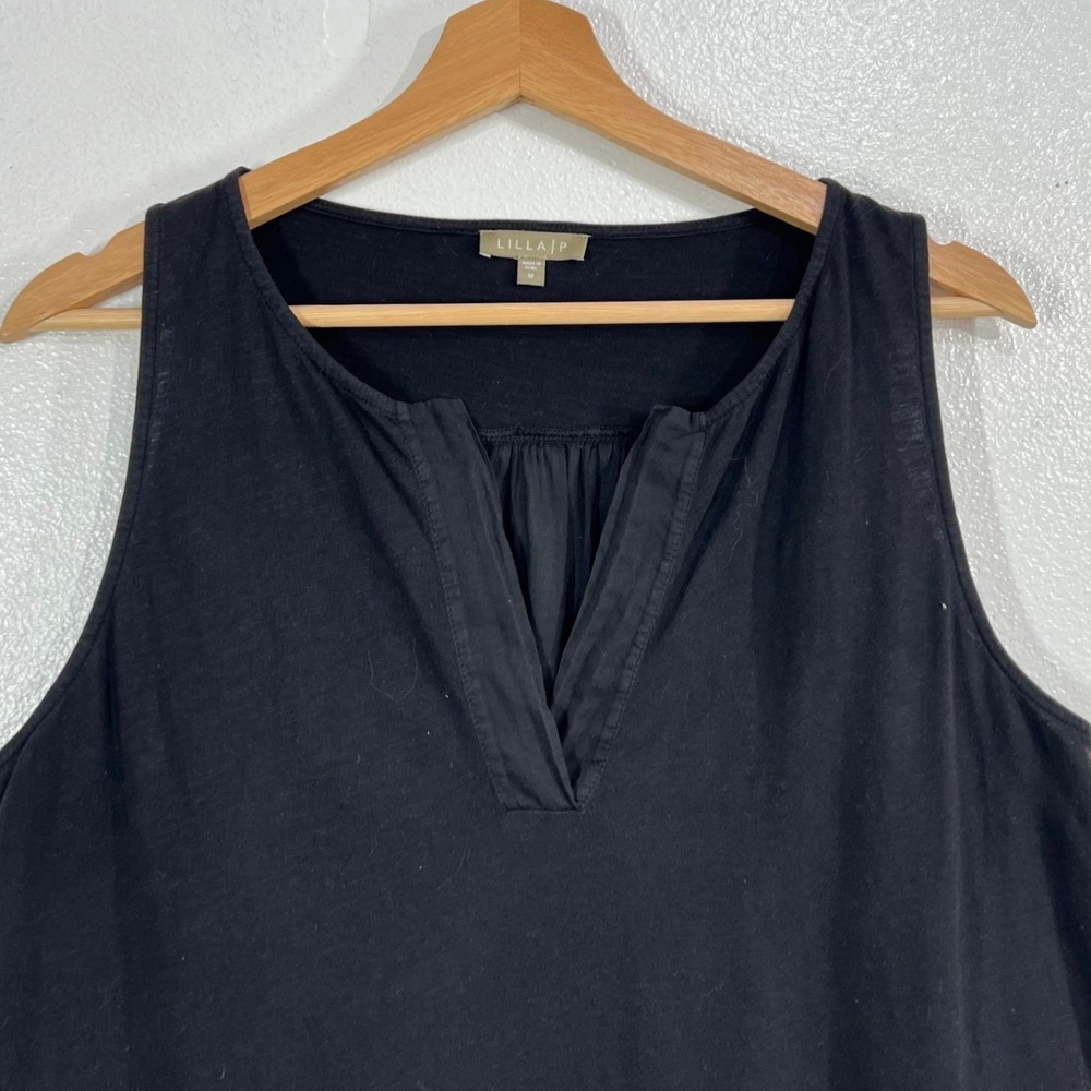 Lilla P Pleat Back Split Neck Tank Top Black Mixed Media Woven Knit Sleeveless M - Picture 4 of 8